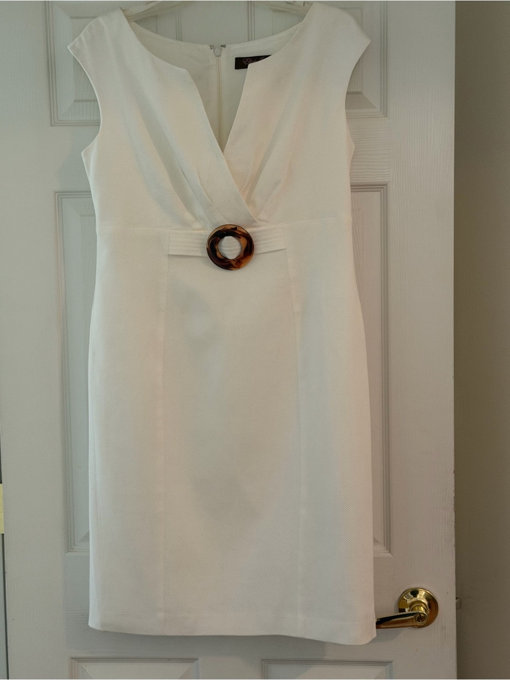 White Cap-Sleeve Sheath Dress with Tortoiseshell Accent